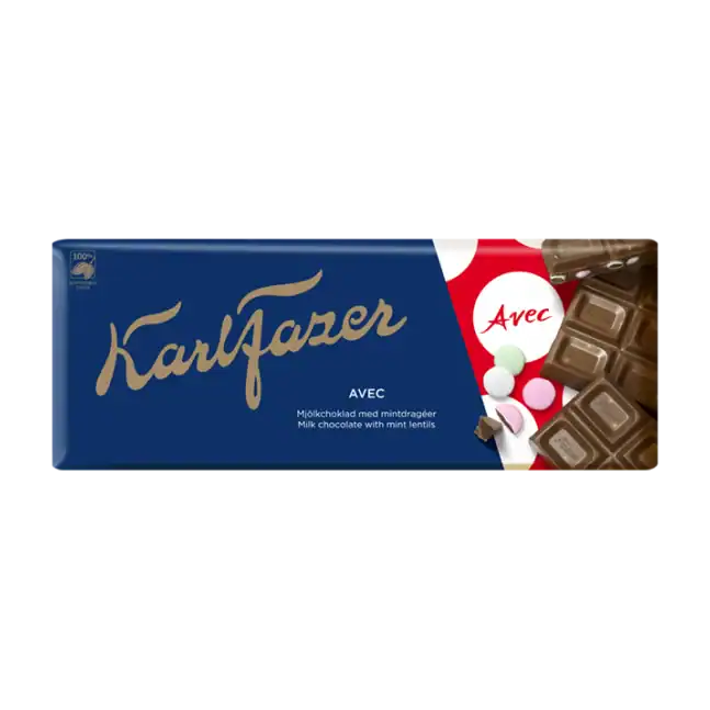 Karl Fazer Avec mjölkchoklad med mint dragéer chokladkaka 200 g, len mjölkchoklad med krispiga mintpastiller, finskt godis