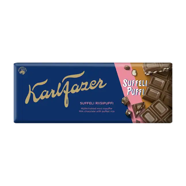 Karl Fazer Suffeli Rispuff chokladkaka 185 g – krämig Fazer mjölkchoklad med krispiga rispuffar, importerat finskt godis