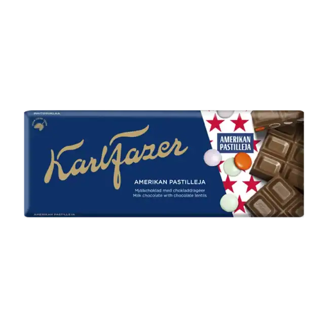 Karl Fazer Amerikanska pastiller chokladkaka 180 g med mjölkchoklad och krispiga pastiller, finskt godis