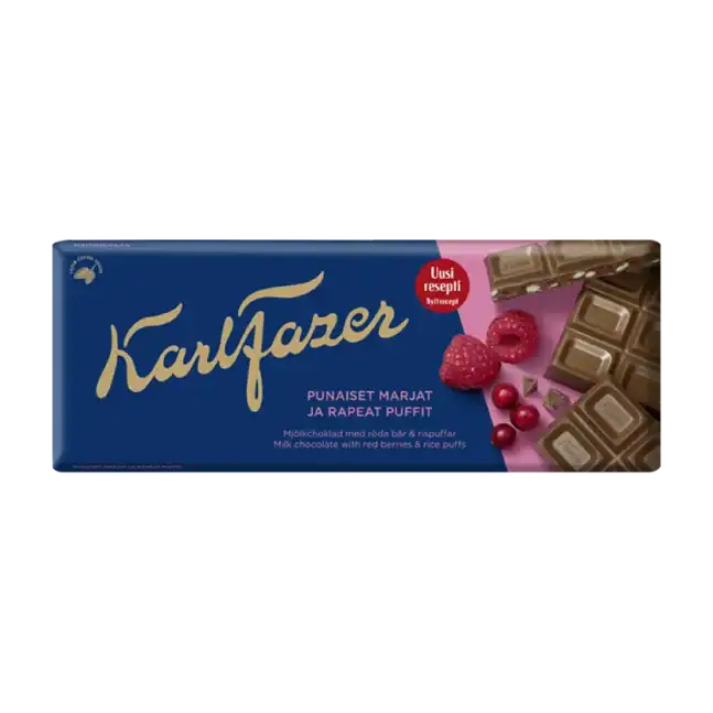 Karl Fazer mjölkchokladkaka med röda bär 180 g – len Fazer choklad med tranbär, hallon och rispuffar, importerat finskt godis