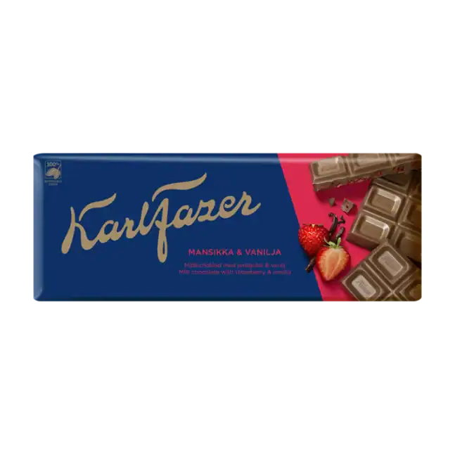 Karl Fazer mjölkchokladkaka med jordgubbar och vanilj 190g – finsk choklad med jordgubbar och vanilj, importerat godis från Finland